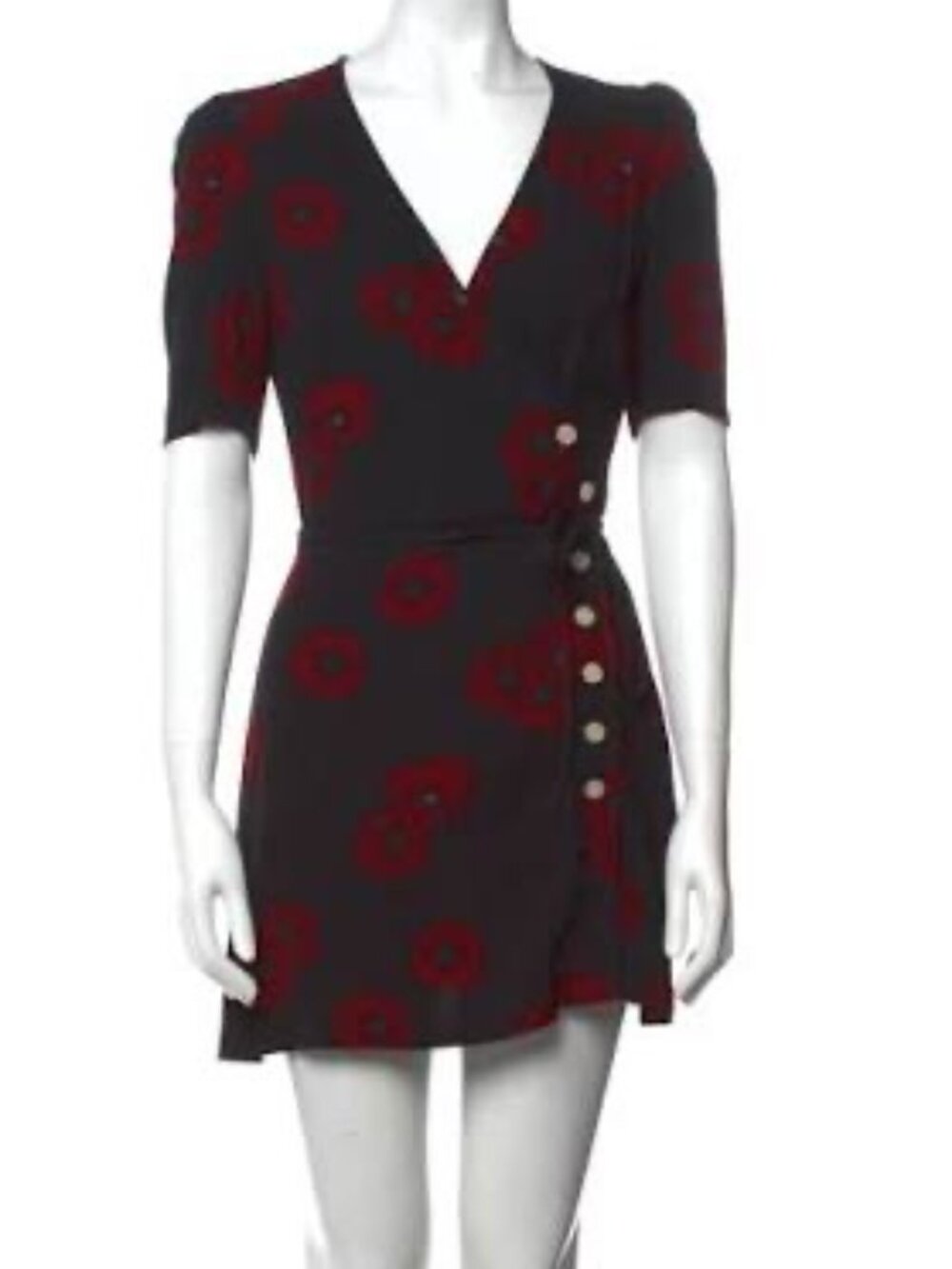 Rouje Gabinette Mini Wrap Dress — Black with Red Poppy Print sz36
